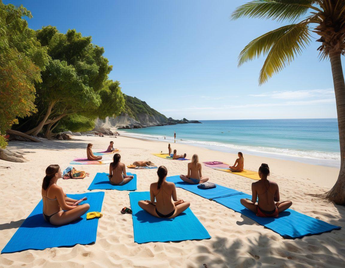 A serene beach scene featuring a diverse group of joyful nudists engaging in various activities like yoga, beach volleyball, and sunbathing under a clear blue sky. Lush greenery surrounds the area, emphasizing nature and freedom, while soft waves lap the shoreline in the background. Include elements of harmony and community, with smiles and laughter among friends. super-realistic. vibrant colors. peaceful atmosphere.
